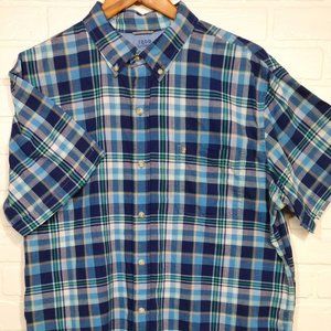 Izod Saltwater men's purple and blue plaid button short sleeve shirt. XL cotton
